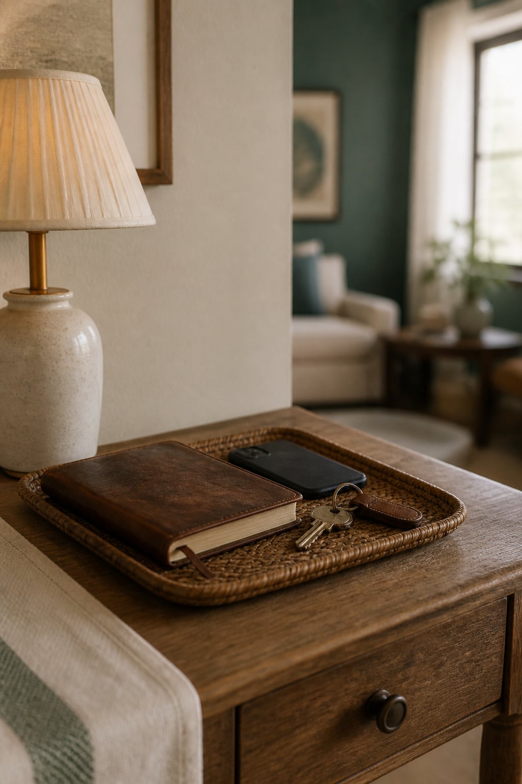 Console table with a closed notebook, phone, and keys on a woven tray, styled near a muted teal accent wall