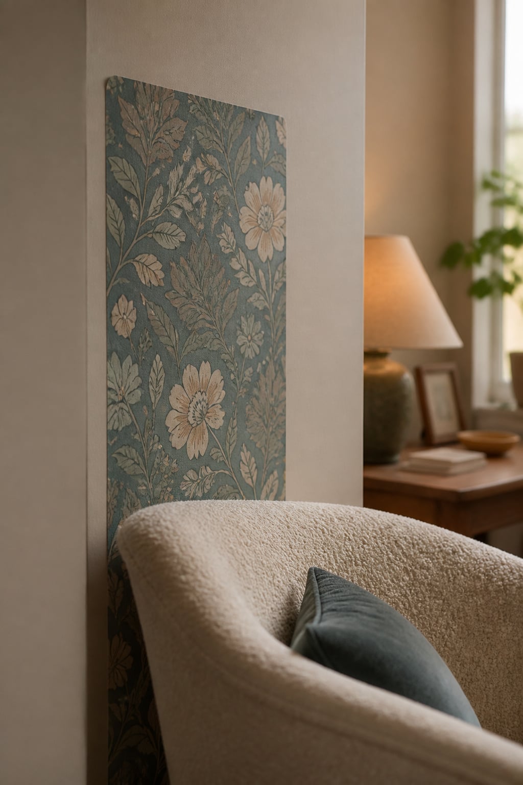 Small wallpaper adhesion test swatch applied to a wall corner behind a pulled-forward armchair