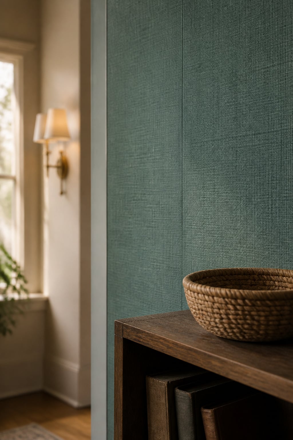 Muted teal peel-and-stick wallpaper accent wall styled with a thrifted wood shelf and woven basket