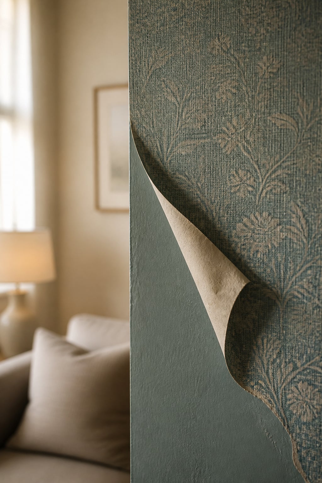 Close-up of a peel-and-stick wallpaper corner being peeled back to reveal the painted wall underneath