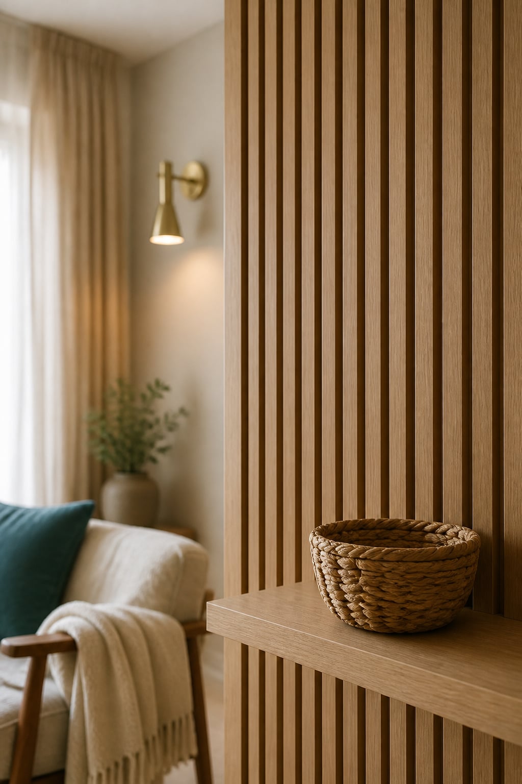 Light-oak removable batten panelling accent wall styled with a woven-rush basket on a floating ledge