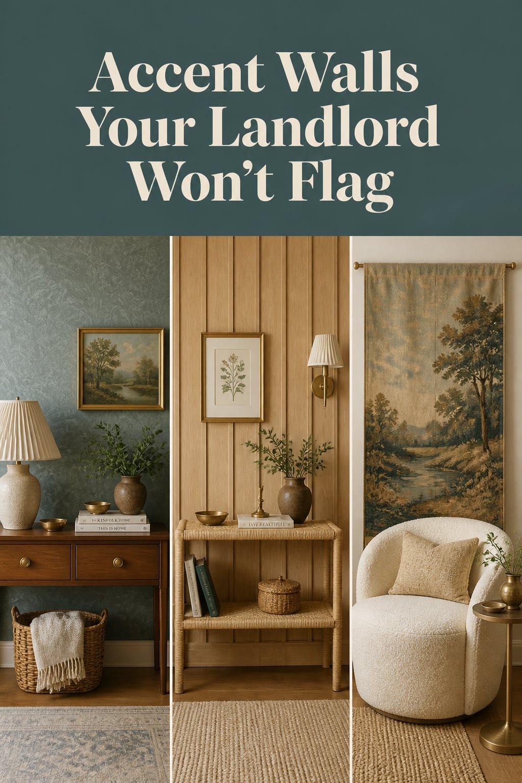 Pinterest collage of three renter-friendly accent wall ideas: peel-and-stick wallpaper, removable panelling, and a fabric tapestry wall