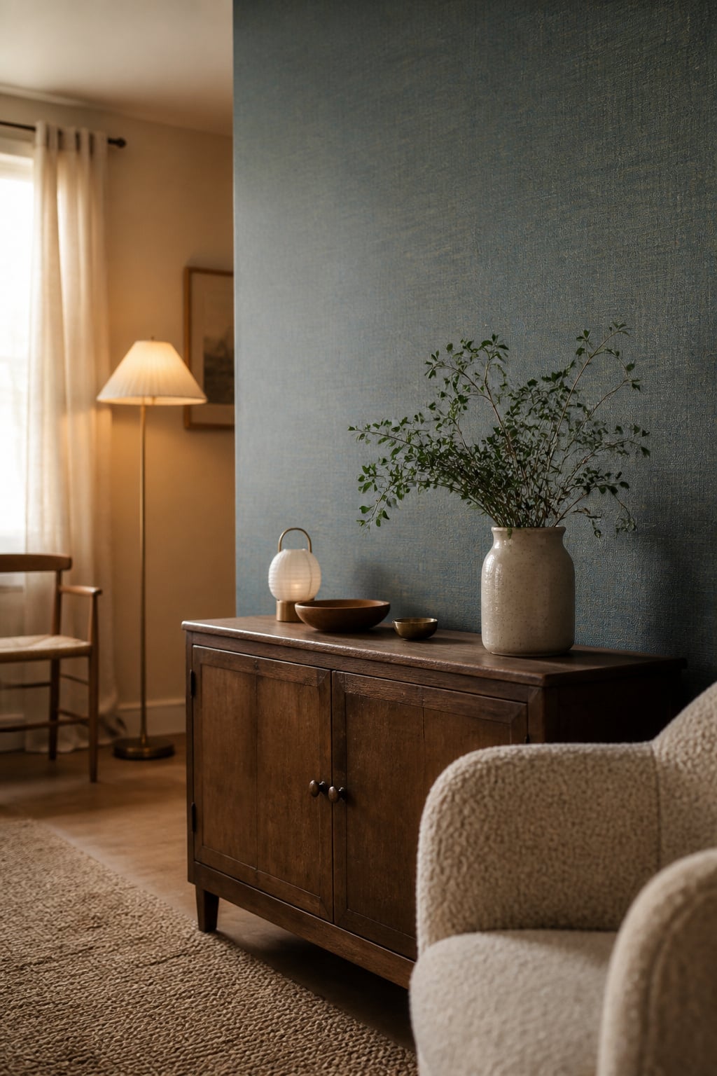Rental living room with a muted teal peel-and-stick wallpaper accent wall behind a thrifted wood console and boucle armchair