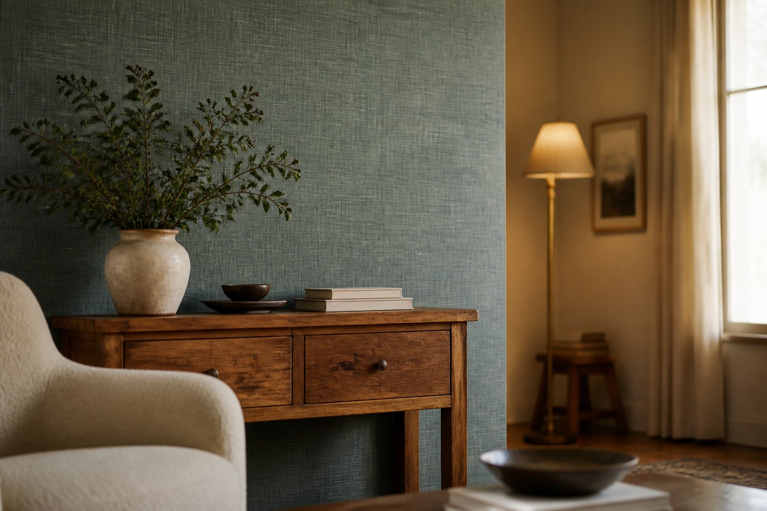 Rental living room with a muted teal peel-and-stick wallpaper accent wall behind a thrifted wood console and boucle armchair