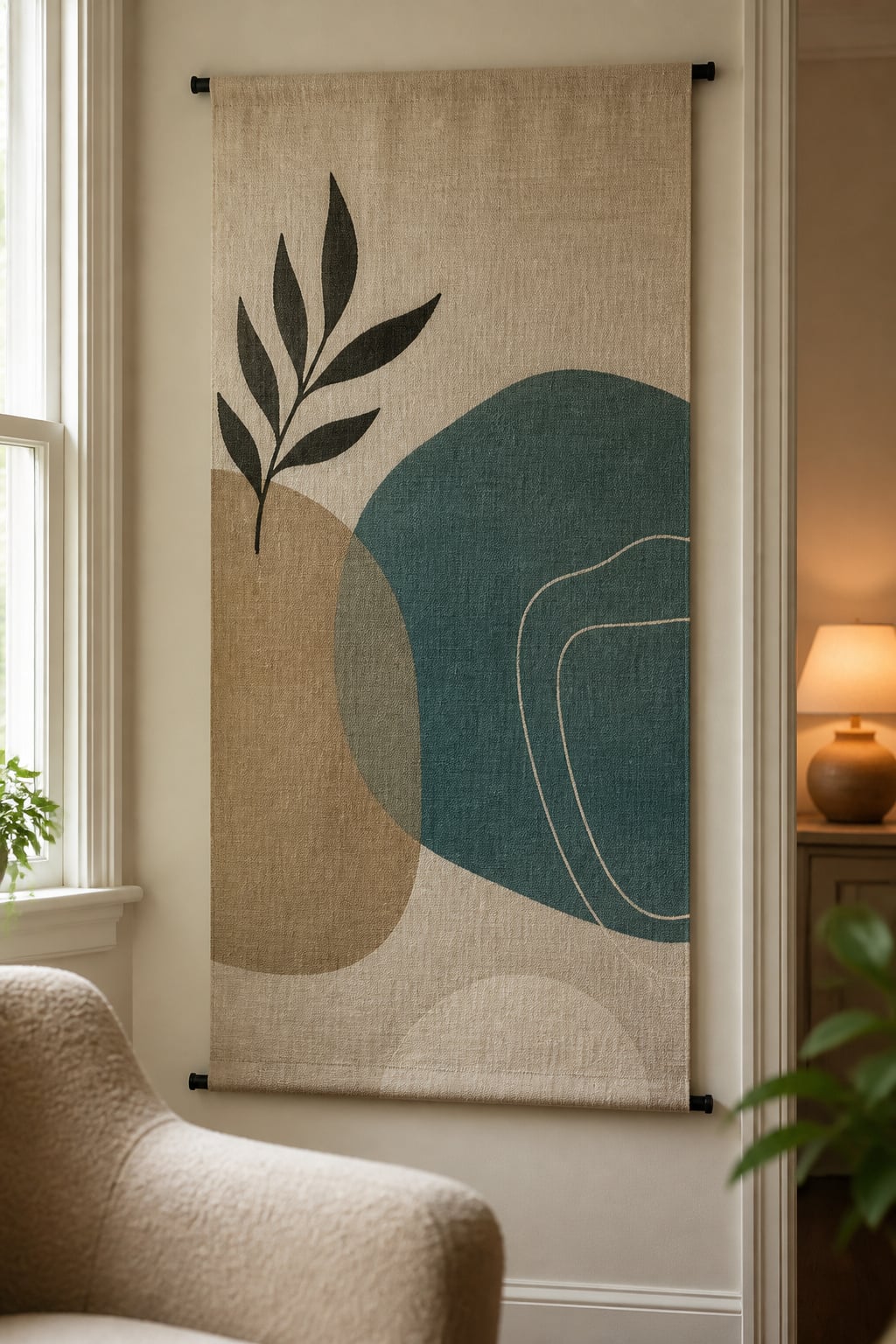 Linen tapestry wall hanging mounted on tension rods behind a boucle armchair in a rental living room